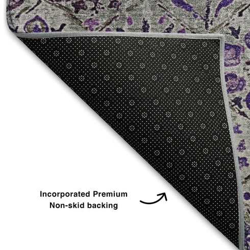 8' Purple Gray And Silver Floral Washable Round Rug With UV Protection
