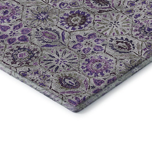8' Purple Gray And Silver Floral Washable Round Rug With UV Protection