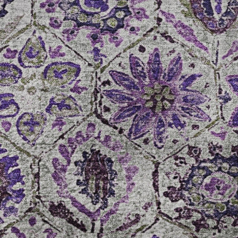 8' Purple Gray And Silver Floral Washable Round Rug With UV Protection