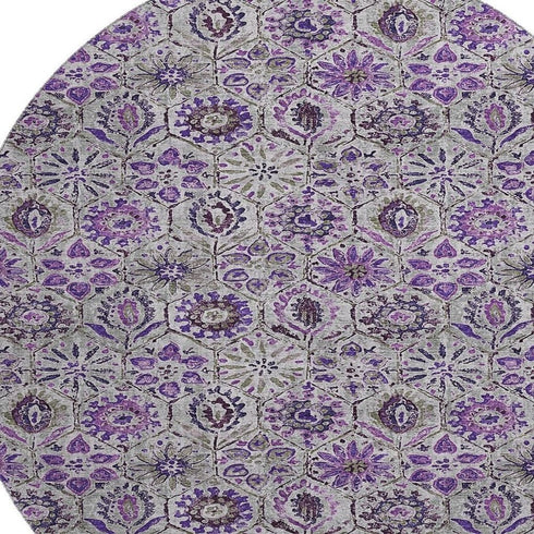 8' Purple Gray And Silver Floral Washable Round Rug With UV Protection