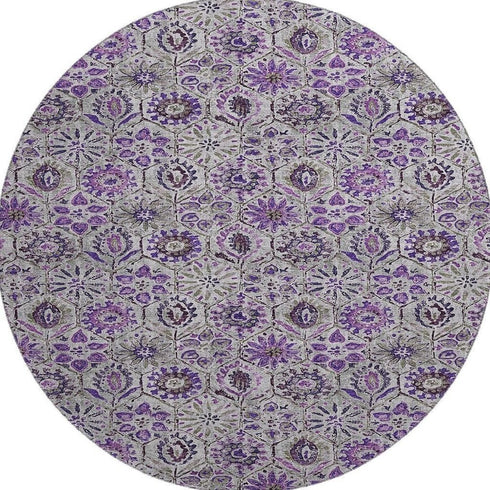8' Purple Gray And Silver Floral Washable Round Rug With UV Protection