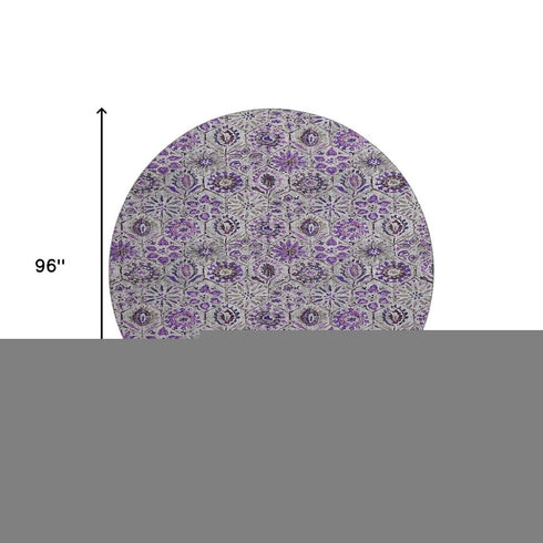 8' Purple Gray And Silver Floral Washable Round Rug With UV Protection