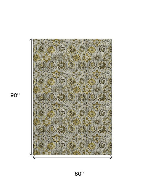 5' X 8' Pewter Gold And Gray Floral Washable Area Rug With UV Protection