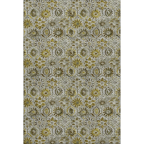 5' X 8' Pewter Gold And Gray Floral Washable Area Rug With UV Protection