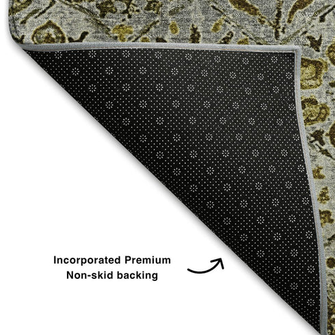 5' X 8' Pewter Gold And Gray Floral Washable Area Rug With UV Protection