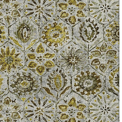 5' X 8' Pewter Gold And Gray Floral Washable Area Rug With UV Protection