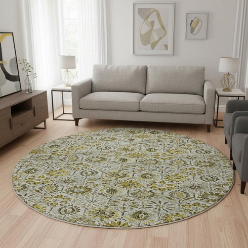 8' Pewter Gold And Gray Floral Washable Round Rug With UV Protection