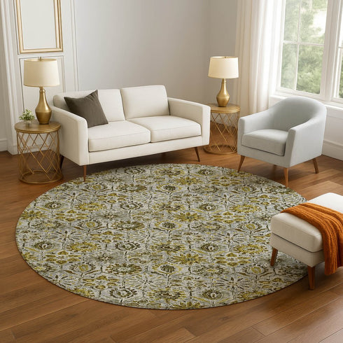 8' Pewter Gold And Gray Floral Washable Round Rug With UV Protection
