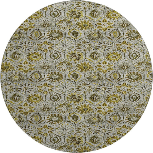 8' Pewter Gold And Gray Floral Washable Round Rug With UV Protection