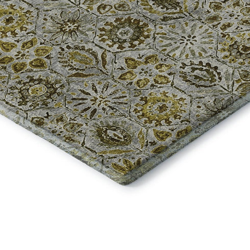 8' Pewter Gold And Gray Floral Washable Round Rug With UV Protection