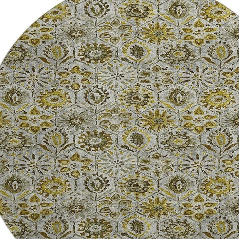8' Pewter Gold And Gray Floral Washable Round Rug With UV Protection