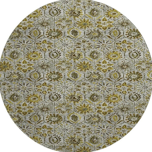 8' Pewter Gold And Gray Floral Washable Round Rug With UV Protection