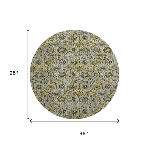 8' Pewter Gold And Gray Floral Washable Round Rug With UV Protection