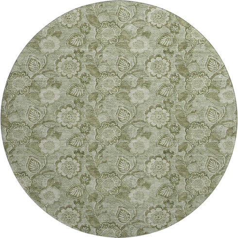 8' Artichoke Green And Fern Green Floral Washable Round Rug With UV Protection