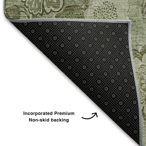 8' Artichoke Green And Fern Green Floral Washable Round Rug With UV Protection