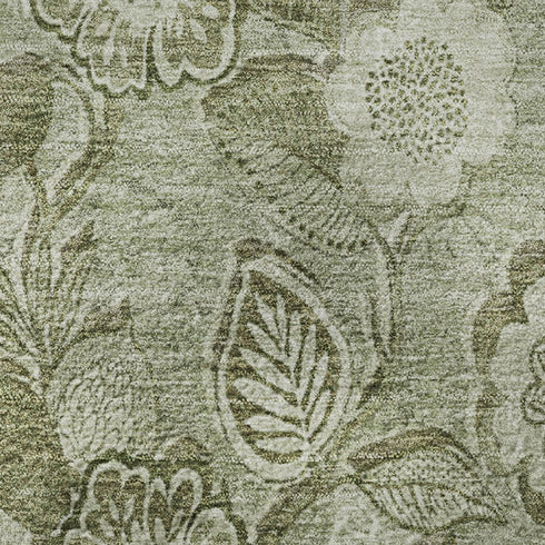 8' Artichoke Green And Fern Green Floral Washable Round Rug With UV Protection
