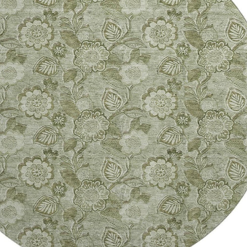 8' Artichoke Green And Fern Green Floral Washable Round Rug With UV Protection