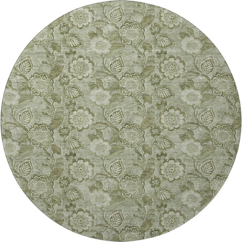 8' Artichoke Green And Fern Green Floral Washable Round Rug With UV Protection