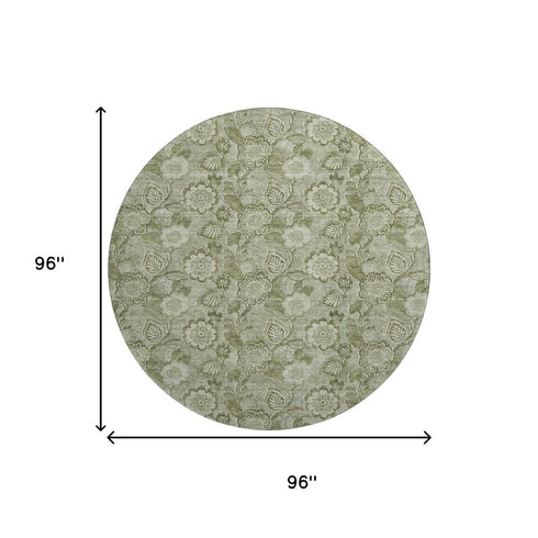 8' Artichoke Green And Fern Green Floral Washable Round Rug With UV Protection