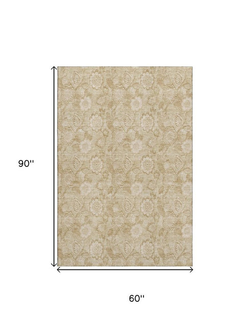 5' X 8' Beige And Tan Floral Washable Area Rug With UV Protection