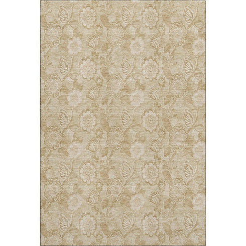 5' X 8' Beige And Tan Floral Washable Area Rug With UV Protection
