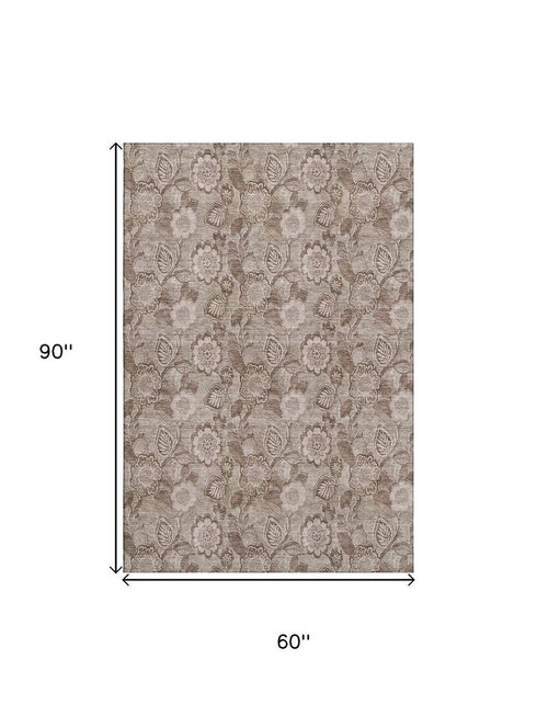5' X 8' Brown And Taupe Floral Washable Area Rug With UV Protection