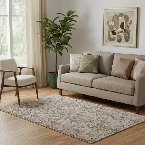 5' X 8' Brown And Taupe Floral Washable Area Rug With UV Protection