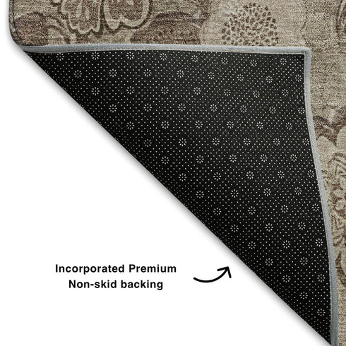 5' X 8' Brown And Taupe Floral Washable Area Rug With UV Protection