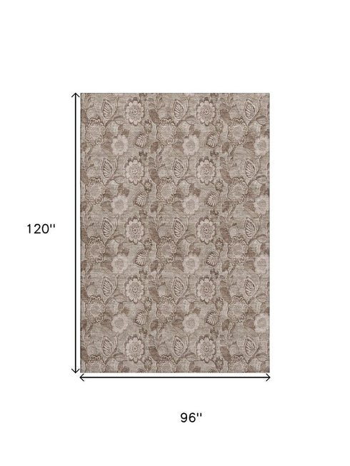 8' X 10' Brown And Taupe Floral Washable Area Rug With UV Protection