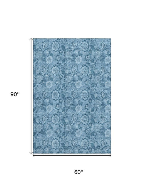5' X 8' Blue And Sky Blue Floral Washable Area Rug With UV Protection
