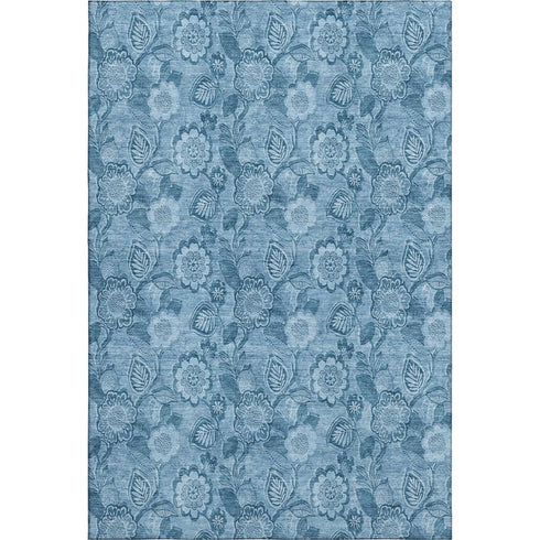 5' X 8' Blue And Sky Blue Floral Washable Area Rug With UV Protection