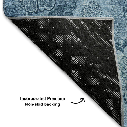 5' X 8' Blue And Sky Blue Floral Washable Area Rug With UV Protection