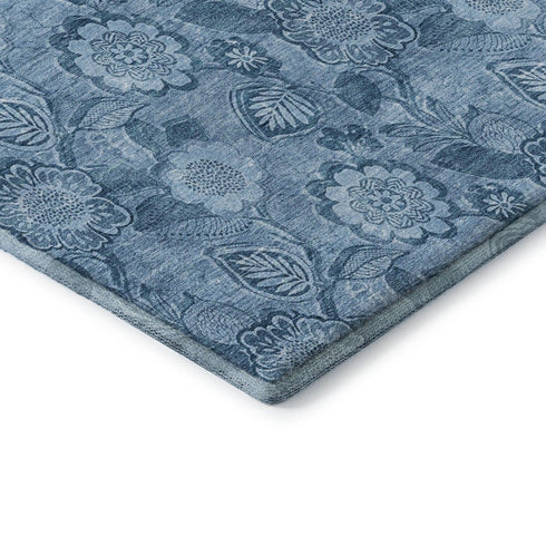 5' X 8' Blue And Sky Blue Floral Washable Area Rug With UV Protection
