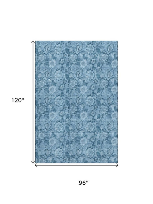 8' X 10' Blue And Sky Blue Floral Washable Area Rug With UV Protection