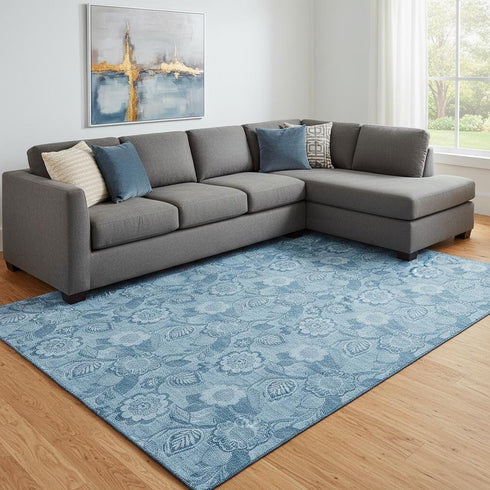 8' X 10' Blue And Sky Blue Floral Washable Area Rug With UV Protection