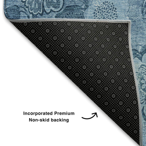 8' X 10' Blue And Sky Blue Floral Washable Area Rug With UV Protection