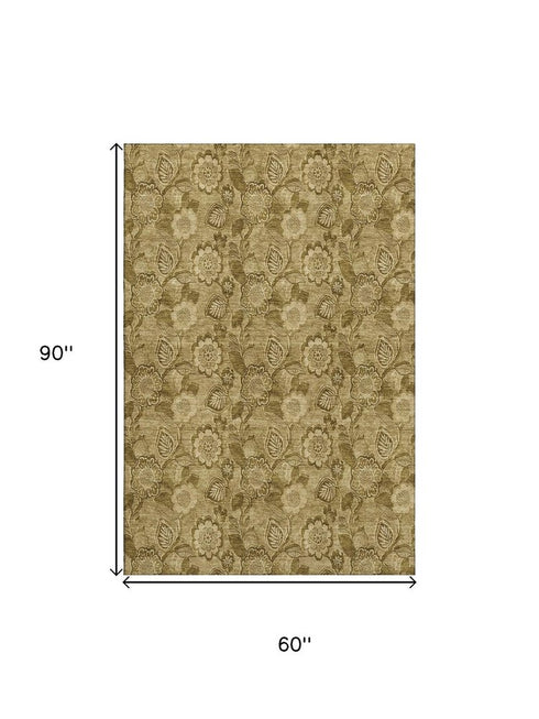 5' X 8' Coffee And Beige Floral Washable Area Rug With UV Protection