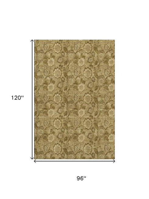 8' X 10' Coffee And Beige Floral Washable Area Rug With UV Protection