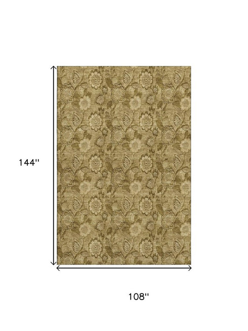 9' X 12' Coffee And Beige Floral Washable Area Rug With UV Protection