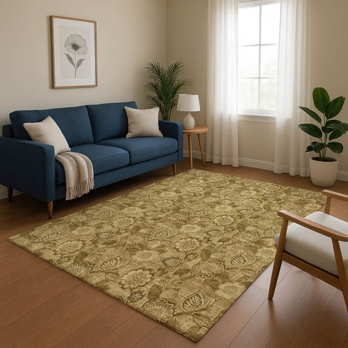 9' X 12' Coffee And Beige Floral Washable Area Rug With UV Protection