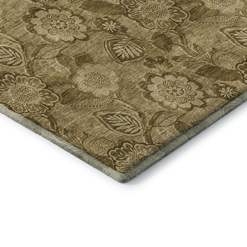 9' X 12' Coffee And Beige Floral Washable Area Rug With UV Protection