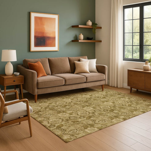 9' X 12' Coffee And Beige Floral Washable Area Rug With UV Protection