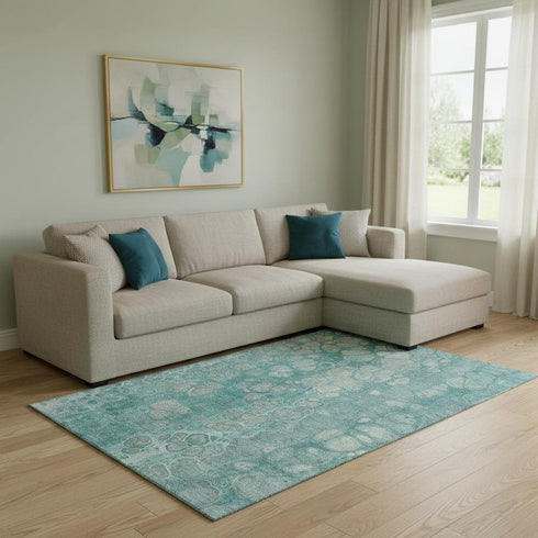 8' X 10' Aqua Gray And Silver Abstract Washable Area Rug With UV Protection