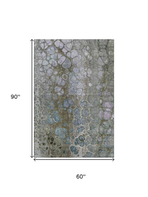 5' X 8' Brown Blue And Gray Abstract Washable Area Rug With UV Protection