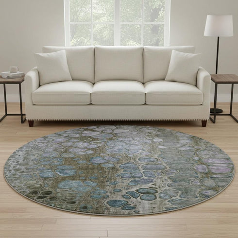 8' Brown Blue And Gray Abstract Washable Round Rug With UV Protection