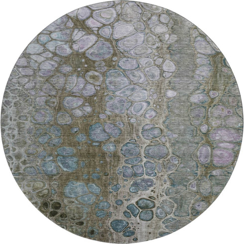 8' Brown Blue And Gray Abstract Washable Round Rug With UV Protection