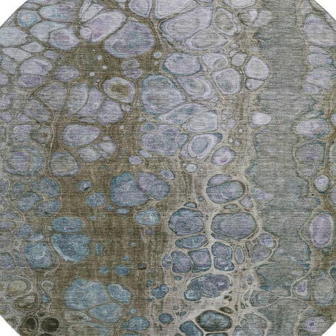 8' Brown Blue And Gray Abstract Washable Round Rug With UV Protection