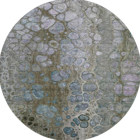 8' Brown Blue And Gray Abstract Washable Round Rug With UV Protection