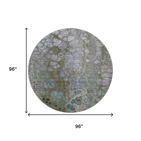 8' Brown Blue And Gray Abstract Washable Round Rug With UV Protection