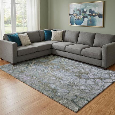 8' X 10' Brown Blue And Gray Abstract Washable Area Rug With UV Protection